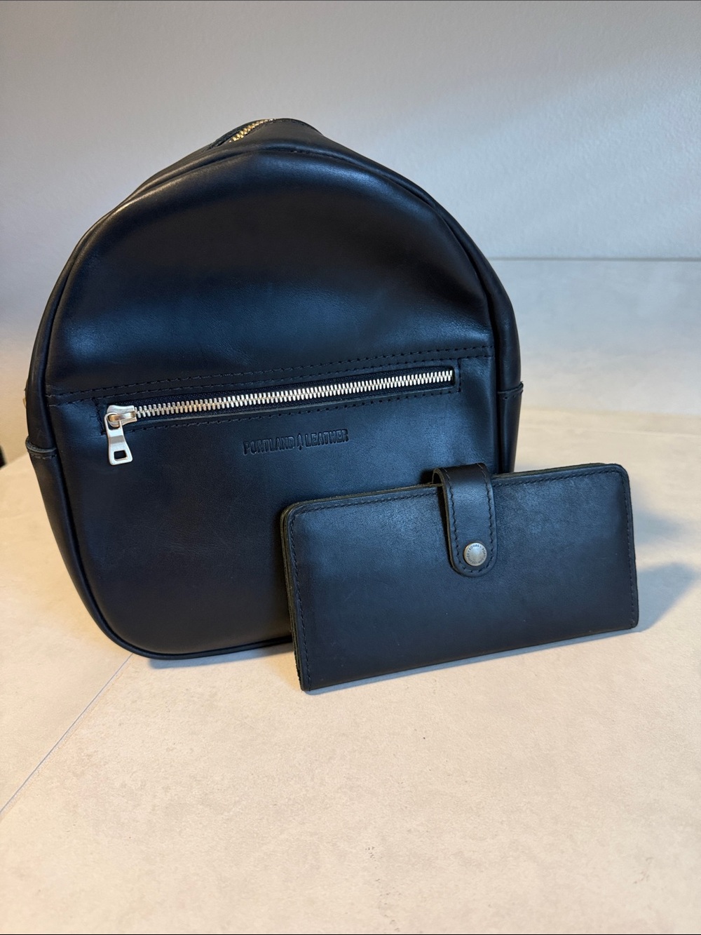 Portland Leather Black Leather Backpack with Matching Wallet
